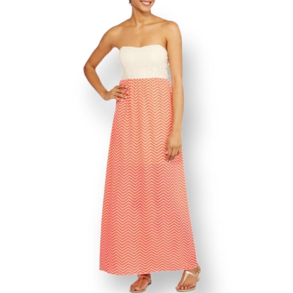 STRAPLESS MAXI DRESS CORAL & CREAM SZ. S/M EUC - Picture 1 of 6